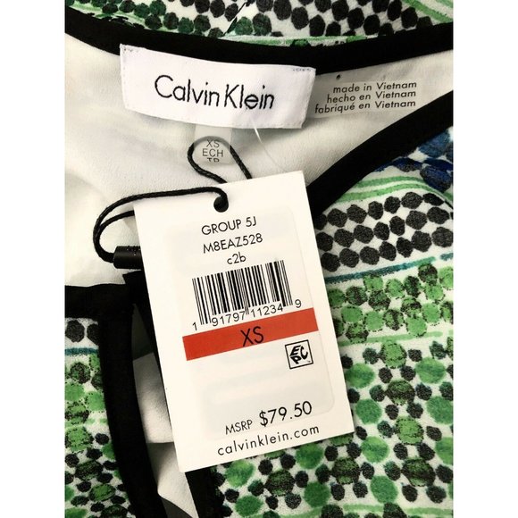 NWT Calvin Klein Chiffon Caftan Blouse XS Green Blue Geometric Tunic Top Keyhole - Picture 9 of 12